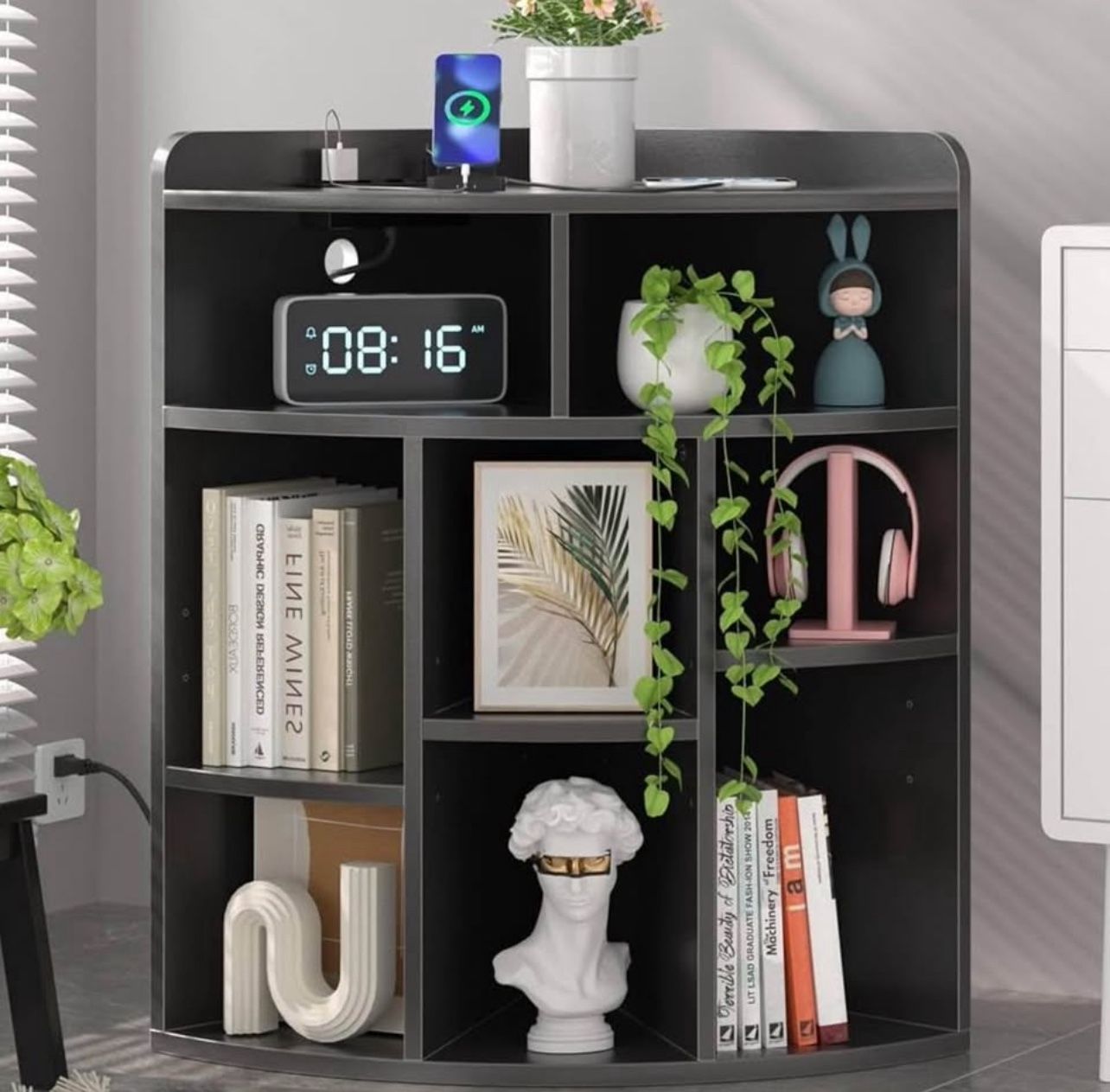 VECELO Corner Cube Shelf with USB Ports & Outlets, Modern Corner Toy Storage Rack with Charging Station, Wooden Display Bookshelf Bookcase for Living