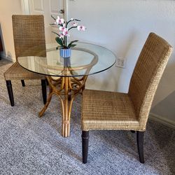 Glass & Rattan Dining Set - Table + 2 Chairs