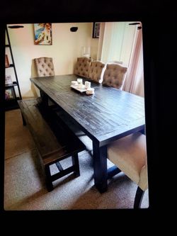 Dinning table + chairs and bench + buffet