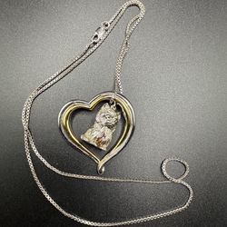 Dangling CAT in a Heart Charm Pendant with Necklace.  Sterling Silver