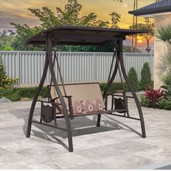 Patio Swing Chair with Canopy 2 Person Outside Glider w/Side Table and Cushions for Backyard Textilene Loveseat Bench Outdoor Hammock Porch Swinging C