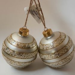 Macy’s Holiday Lane Glass Christmas Ornaments Set of 2 Gold Glitter Swirl