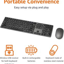 new Amazon Basics Ultra Premium Wireless Keyboard and Mouse Combo - Rechargeable, Ultra Slim Design, Quiet, Full Size, Number Pad, QWERTY, Black  Abou
