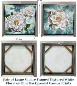 Pair of Large Square Framed Textured White Floral on Blue Background Canvas Prints 