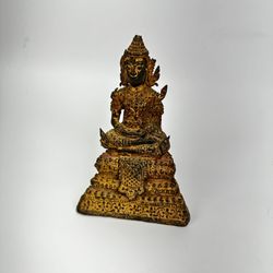 Antique Thai Buddha Statue Seated Khmer Rattanakosin Gilt Bronze 18-19 Century