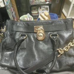 Michael Kors Hamilton Large North South Satchel - Black Pebbled Leather & Gold
