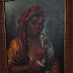 MC - VINTAGE OIL PAINTING ON CANVAS - SENSUAL GYPSY GIRL 34"×25"