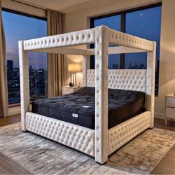 Cream Velvet Tufted Four-Poster Canopy Bed Frame- Finance Available