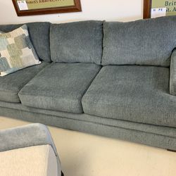 Blue With Gray Tones Chenille Fabric Extra Long Couch With 2 Pillows