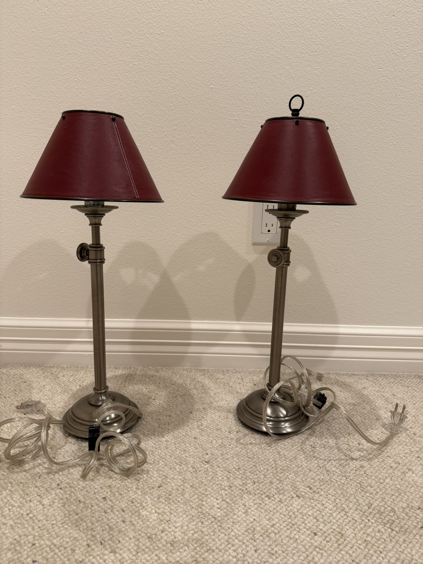 Pottery Barn /Restoration Hardware look - 2 Iron/Metal Table Lamps With Red Leather Shades