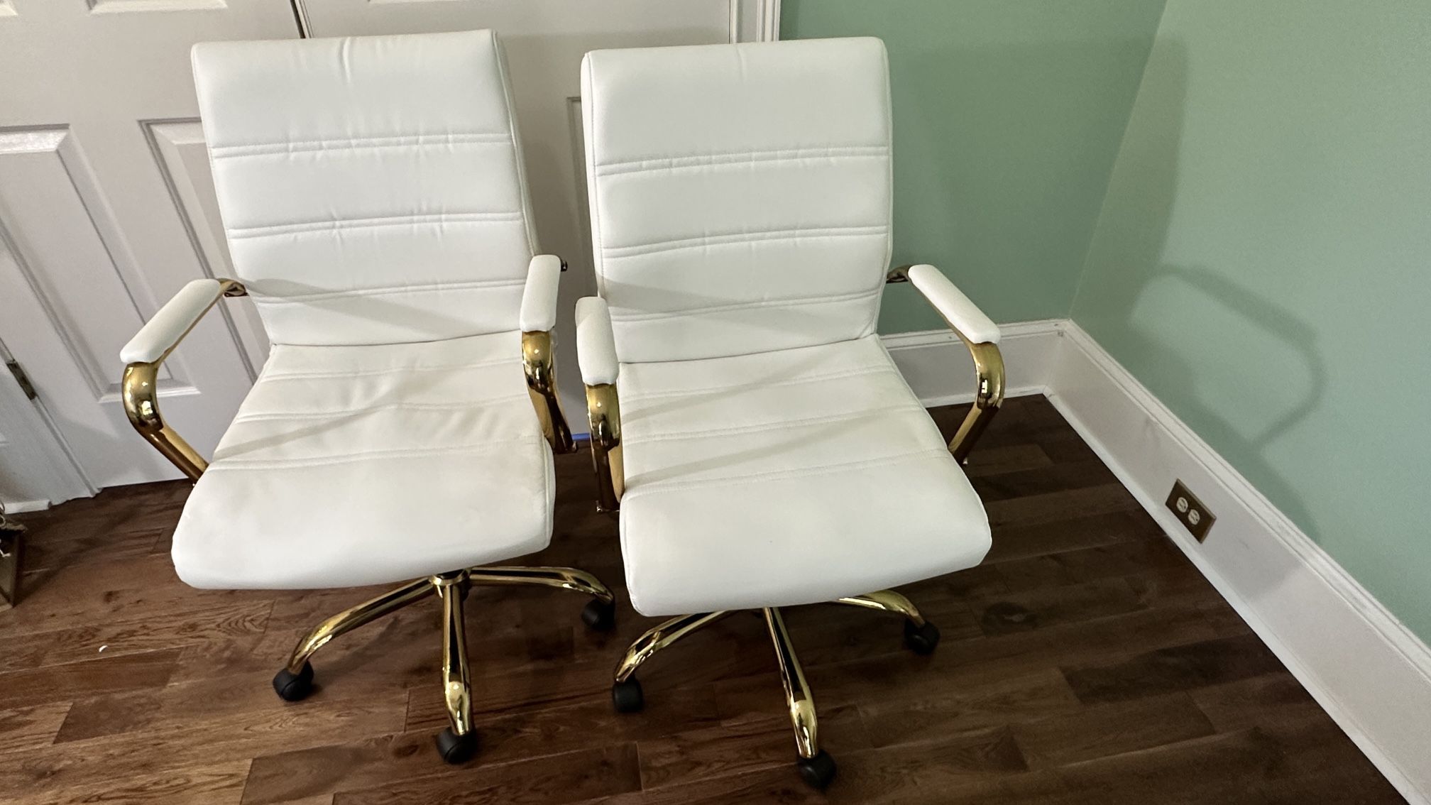 White Leather and Gold Office Chairs Mid-back Swivel , Adjustable Height
