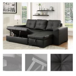 Black Leatherette Sectional Sofa With Pullout 