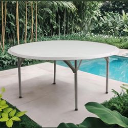 5' Feet Round Plastic Folding Event 5ft Round Table with Carrying Handle, Bi-Fold Portable Banquet Table for Indoor