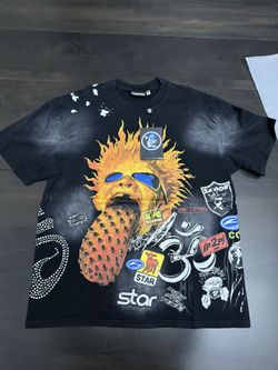 🔥 Hellstar “Mixed Patches / Rhinestone Flames” Graphic Tee – Black