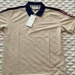 Gucci Men's Beige Polo Shirt 2XL Short Sleeve Embroidered Logo Navy Collar