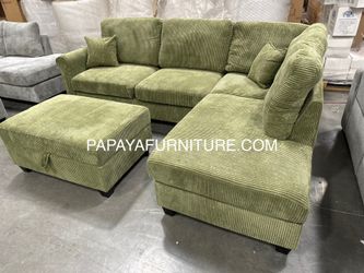 New! Plush Green Sectional, Sectional And Storage Ottoman, Sectionals, Sofa, Couch, Gray Couch, green Couch, Corduroy Sectional, USB Charger Sofa
