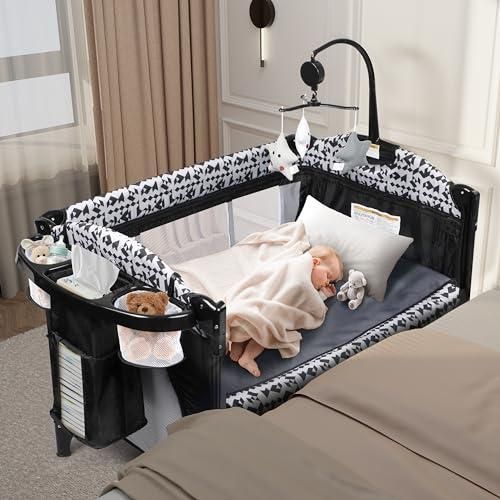 5-in-1 Pack and Play w Changing Table, Baby Bassinet Bedside Sleeper with Storage Bag & Music Box