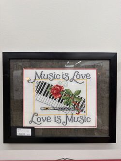 Framed “Music Is Love” Cross-Stitch – Piano, Flute & Rose