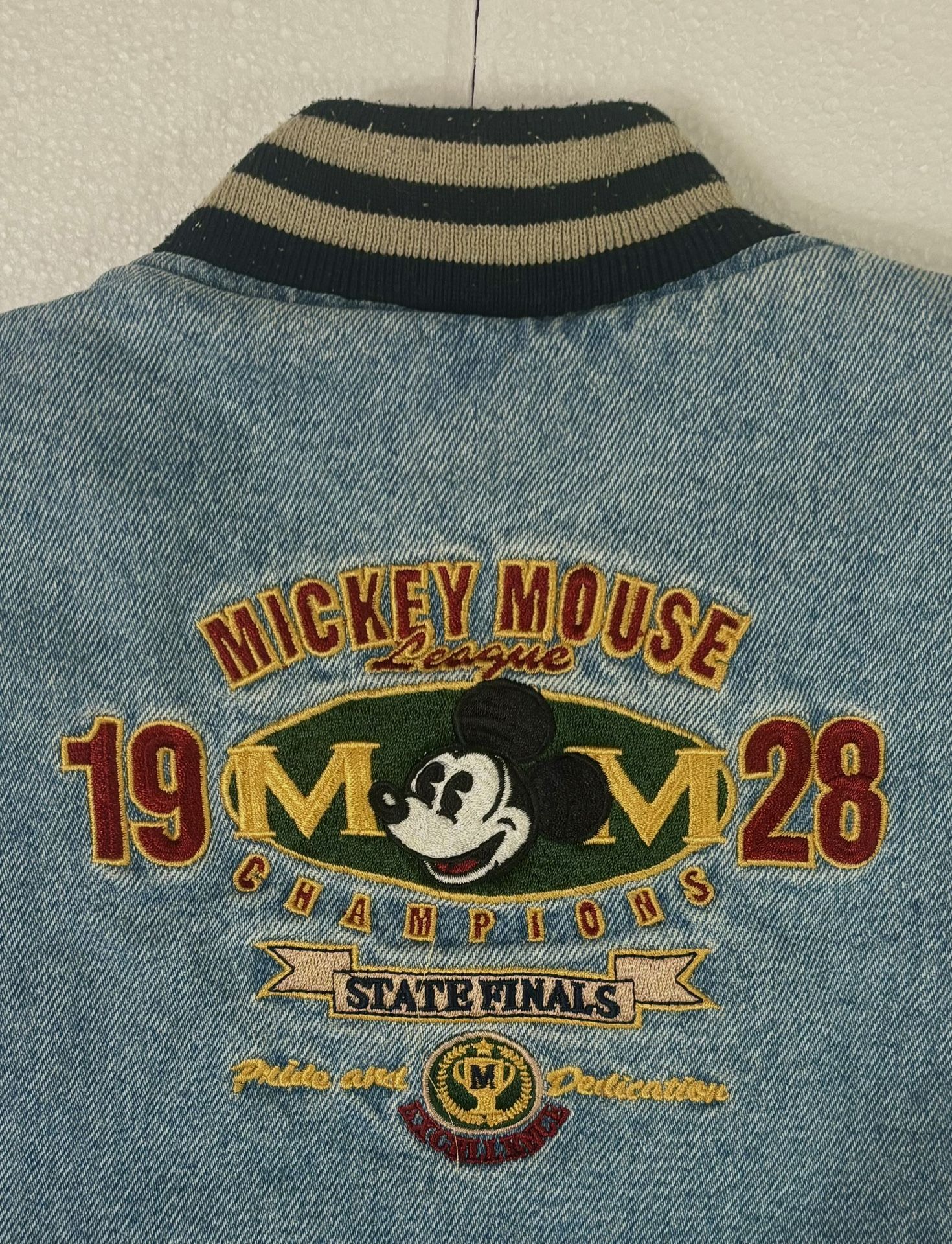 Vintage 90’s DISNEY STORE Mickey Mouse 1928 League Denim Bomber Jacket Kids/Child XX Small