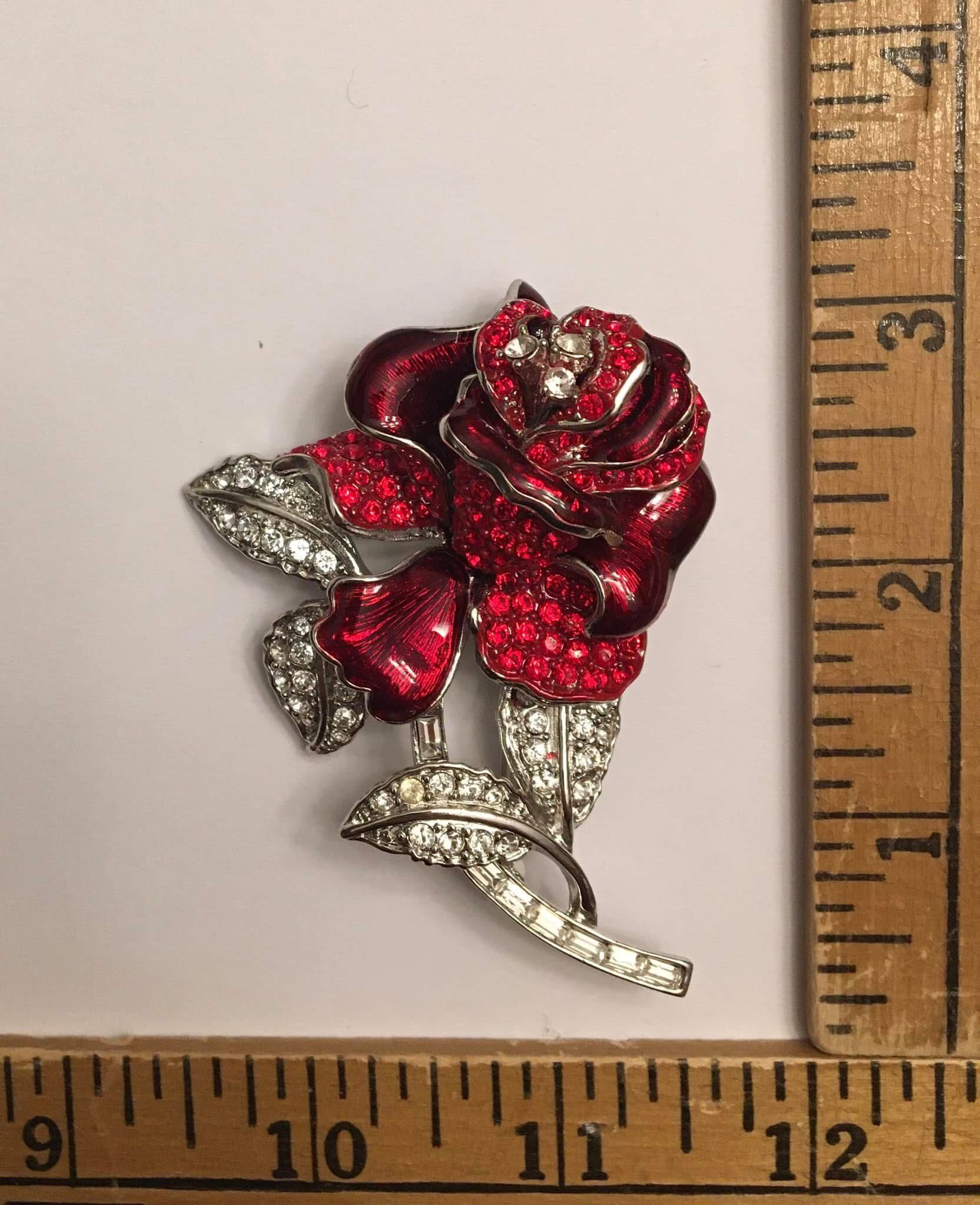 BRAND NEW NEVER USED Vintage Nolan Miller Red and Clear Crystal Rose Brooch Pin