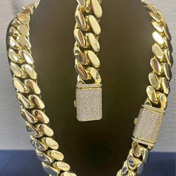Luxury Miami 18k Gold Plated Cuban Bracelet & Chain Set