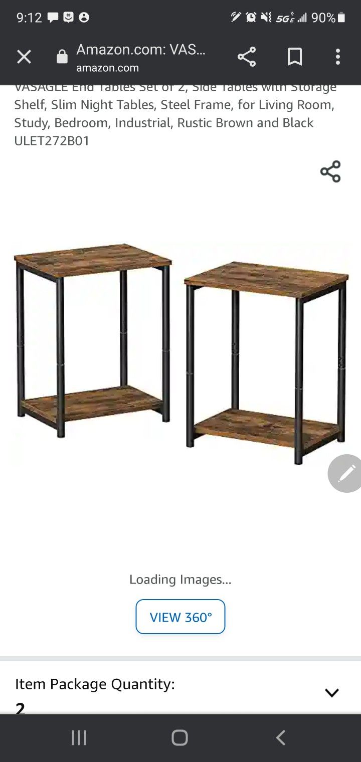 End Tables Set of 2, Side Tables with Storage Shelf, Slim Night Tables, Steel Frame, for Living Room, Study, Bedroom, Industrial, Rustic Brown and Bla