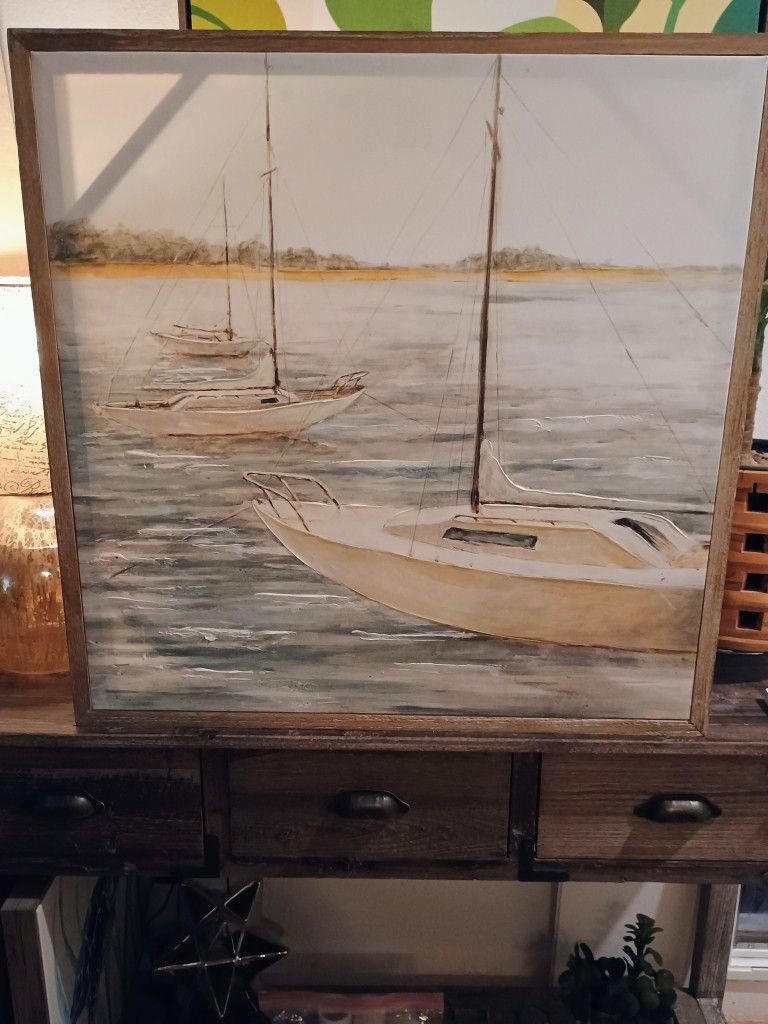 Framed Canvas Boat Painting 27 X 27