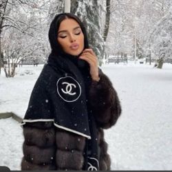 Chanel CC Logo Cashmere Silk Scarf Wrap Shawl  In Black White