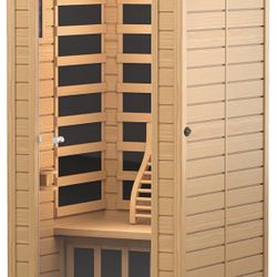 Infrared Sauna Room for Home, Near Zero EMF Wooden 1 Person Indoor Home Sauna with Bluetooth, LCD Control Panel, Chromo Therapy Light