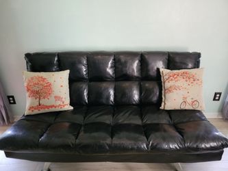 Black Faux Leather Tufted Futon Sofa