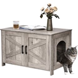 Homhedy Cat Litter Box Enclosure,Litter Box Furniture Hidden with Barn Door,Wooden Cat Washroom Furniture,Cat House,Fit Most of Litter Box, Greige