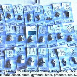 Charm Gallery, 25 silver plated charms, kangaroos, Jack-in-box, boat, coach, skate, gymnast, stork, presents, etc