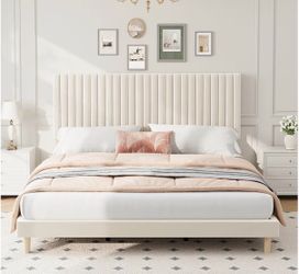 King Bed Frame with Adjustable Headboard, Velvet Upholstered Platform King Size Bed Frame, Strong Wooden Slats, No Box Spring Needed, Easy Assembly, B