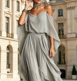 Gray  Chiffon Cold-Shoulder Maxi Dress, medium