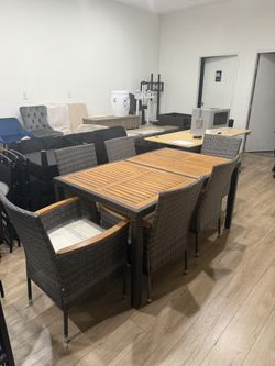 7 PCS Wicker Patio Dining Set, Grey Rattan Wooden Table Top Patio Conversation Set,Patio Dining Table Set for 6,Outdoor Table and Chairs Set for Backy