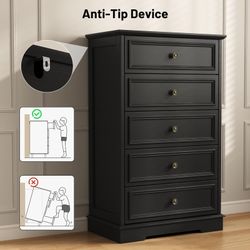 ‼️NEW AND ASSEMBLED ‼️5 Drawer Dresser for Bedroom, Retro Wood Storage Cabinet with Antique Bronze Round Handles, Vintage Chest of Drawers with Solid 