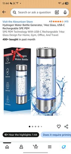 Hydrogen Water Bottle Generator 14oz Glass USB-C