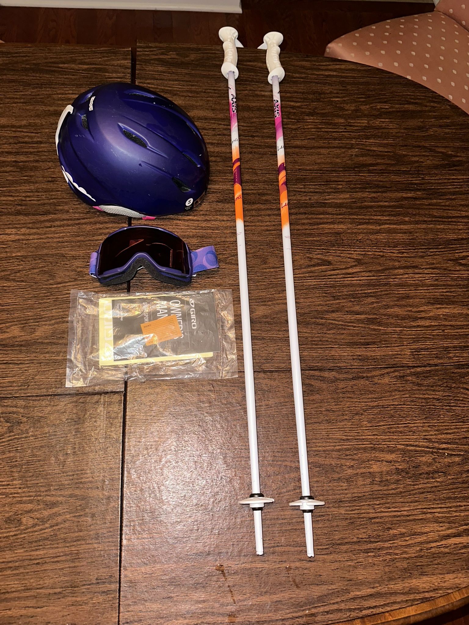 Kids Ski Helmet( Youth Sm) , Poles, And Goggles