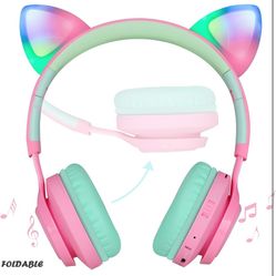 Riwbox CT-7 Cat Ear Bluetooth Headphones, LED Light Up Bluetooth Wireless Over Ear Headphones with Microphone and Volume Control for Travel/School/Sma