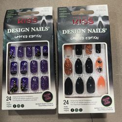 2 Kiss Nails Halloween Glue Press Manicure Long Almond Black Orange Spider NEW