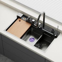 31.5 in. Drop-in Single Bowl Black 304 Stainless Steel Kitchen Sink Flying Rain Waterfall, Pull-Down Faucet Kitchen Set