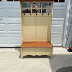  Solid Wood Coat Rack with 5 Metal Hooks, Storage Bench