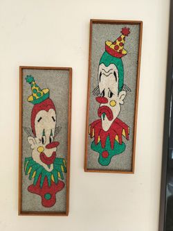 Mid Century Vintage Pair of Colorful Pebble Art Wall Hangings of Frowning and Smiling Clowns