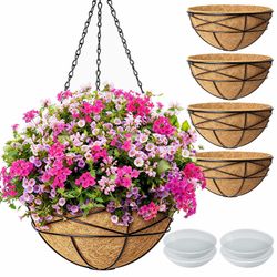 Karlliu 4 Pack 12 Inch Hanging Planters for Outdoor Plants Metal Watering Flower Baskets with Coco Liner for Outside Panting Plant Holder Pot for Home