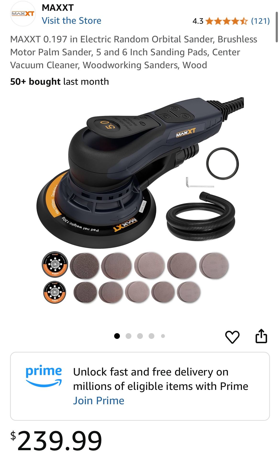MAXXT 0.197 in Electric Random Orbital Sander, Brushless Motor Palm Sander, 5 and 6 Inch Sanding Pads, Center Vacuum Cleaner, Woodworking Sanders, Woo