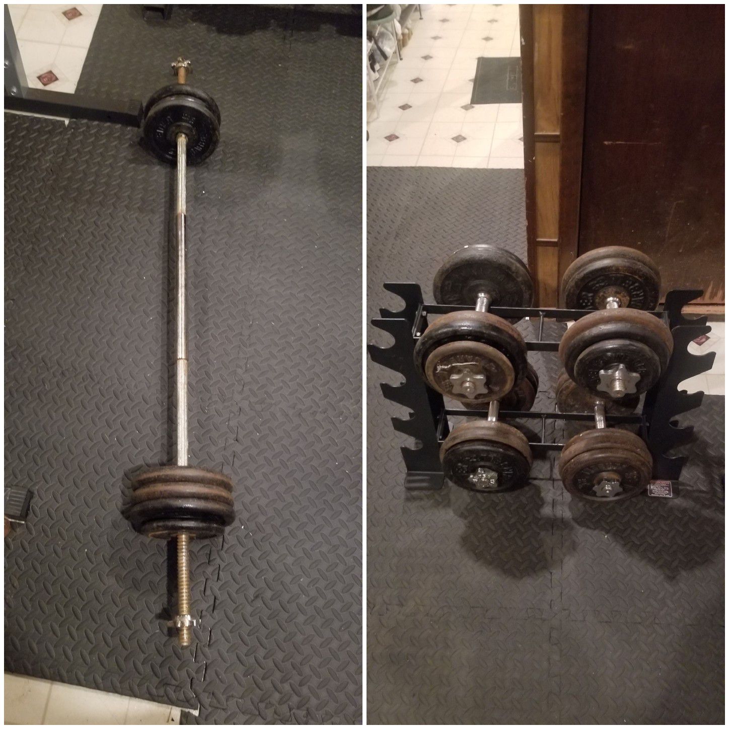 Adjustable dumbbells and rack and bar with weights