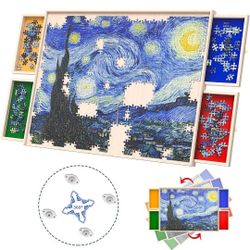 Rotatable 360-Degree Wheels Puzzle Board with Drawers and Cover 1000 Pieces Lightweight Portable Wooden Puzzle Table for Adults Kids 30'' x 22''