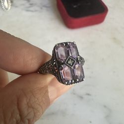 Vintage 925 Sterling Silver Genuine Amethyst And Diamond Ring , Size 5.75, Gorgeous Ring , Hallmarked In Photos , 4 Emerald Cut Amethyst Diamond
