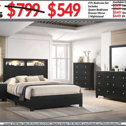 4pc Bedroom Set $549 Queen $649 Eastern King Includes bedframe Dresser mirror nightstand Black with White Faux Marble Tops Bedroom Set