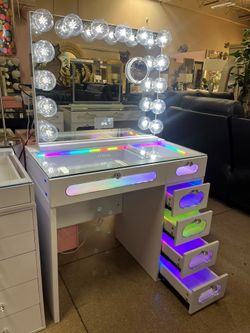 Vanity Desk and Vanity Mirror W/ Built-in Bluetooth speakers. Available in 3 colors; White, Black and Pink. 